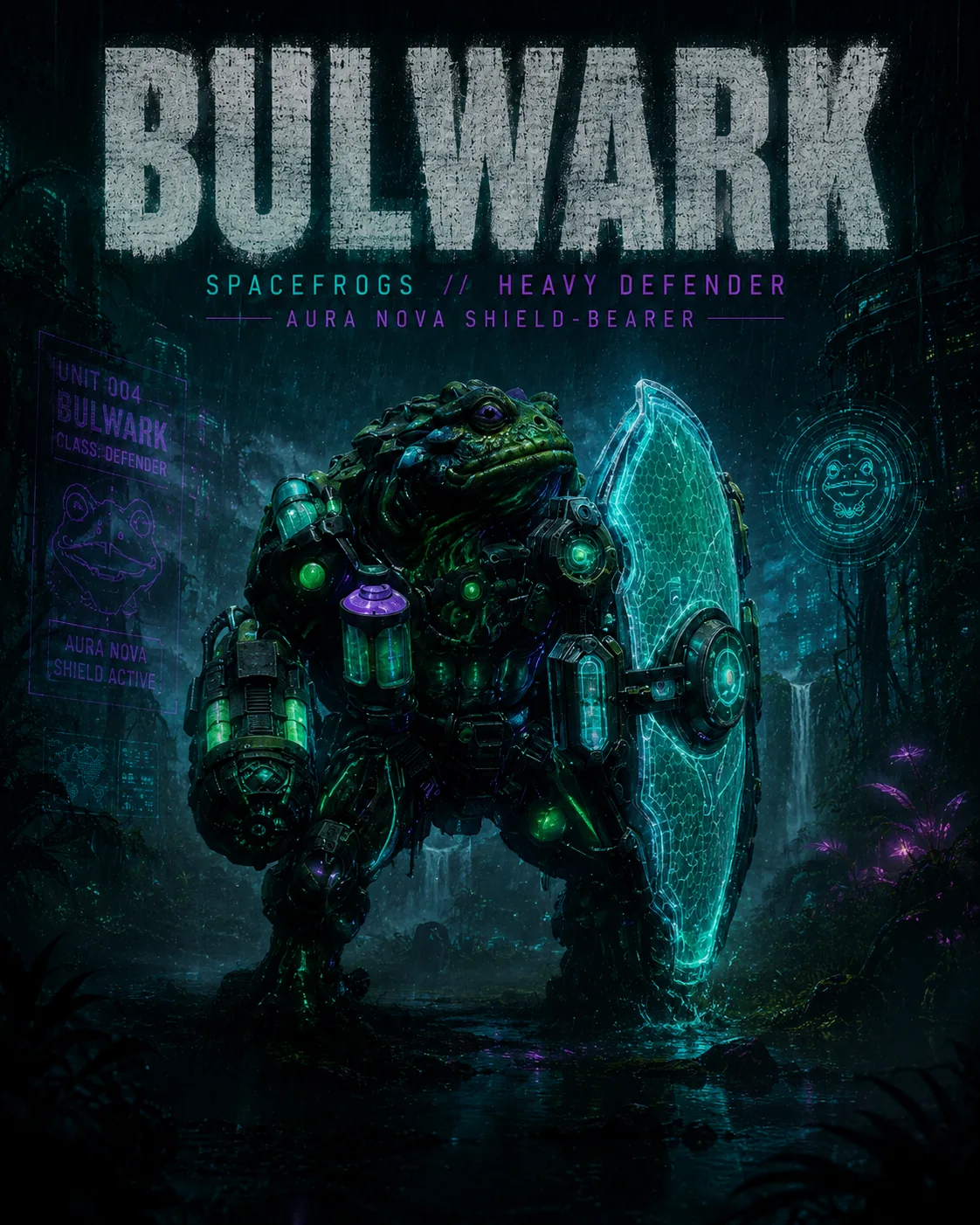 BULWARK, SPACEFROGS Aura Nova shield-bearer key art
